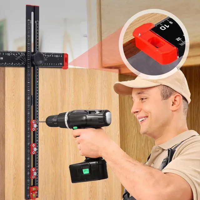 Alt view image 5 of 6 - 4 in 1 Drilling Positioning Ruler, 23.5in/59.7cm Adjustable T-Square, Multi Angle Measuring Cabinet Hardware Jig, Drawer Door Hole Template (Black)  Black -