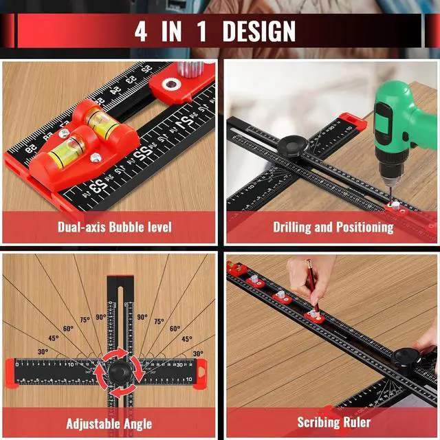 Alt view image 4 of 6 - 4 in 1 Drilling Positioning Ruler, 23.5in/59.7cm Adjustable T-Square, Multi Angle Measuring Cabinet Hardware Jig, Drawer Door Hole Template (Black)  Black -