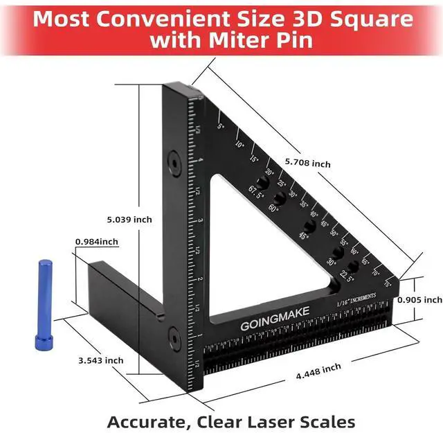 Alt view image 2 of 6 - 4 in 1 Carpenter Square x 5 Inch Precision Hole Position Scribing Ruler 3D Woodworking Multi Angle Measuring with Quick Pin 0-90 Degree Protractor Layout Tool  Black -