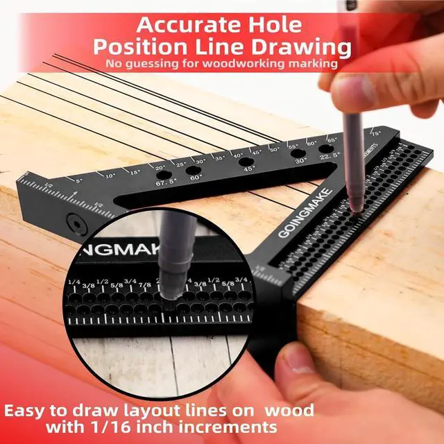 Alt view image 3 of 6 - 4 in 1 Carpenter Square x 5 Inch Precision Hole Position Scribing Ruler 3D Woodworking Multi Angle Measuring with Quick Pin 0-90 Degree Protractor Layout Tool  Black -