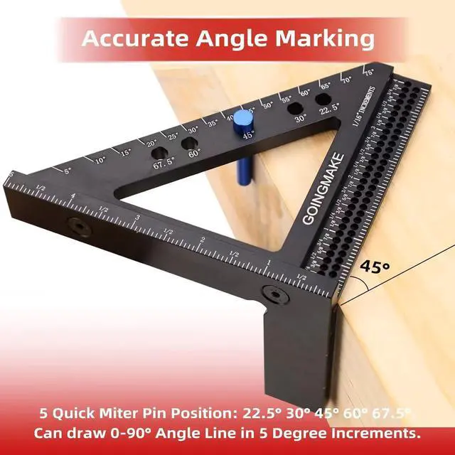 Alt view image 5 of 6 - 4 in 1 Carpenter Square x 5 Inch Precision Hole Position Scribing Ruler 3D Woodworking Multi Angle Measuring with Quick Pin 0-90 Degree Protractor Layout Tool  Black -