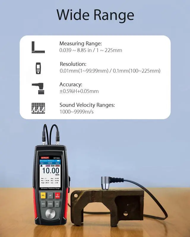 Alt view image 2 of 7 - Digital Ultrasonic Thickness Gauge, Range 0.039 to 8.85 in with Probe for Measuring Metal and Nonmetal Materials, Steel, Cylinder Wall, Plastic, Glass, PVC, Pipes -