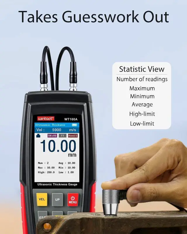 Alt view image 3 of 7 - Digital Ultrasonic Thickness Gauge, Range 0.039 to 8.85 in with Probe for Measuring Metal and Nonmetal Materials, Steel, Cylinder Wall, Plastic, Glass, PVC, Pipes -