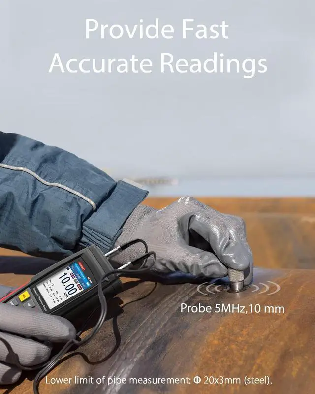 Alt view image 5 of 7 - Digital Ultrasonic Thickness Gauge, Range 0.039 to 8.85 in with Probe for Measuring Metal and Nonmetal Materials, Steel, Cylinder Wall, Plastic, Glass, PVC, Pipes -