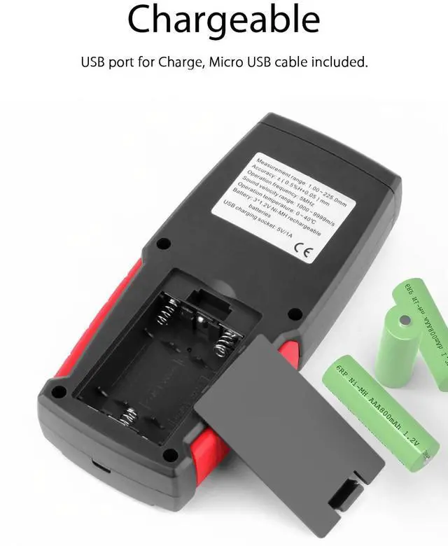 Alt view image 7 of 7 - Digital Ultrasonic Thickness Gauge, Range 0.039 to 8.85 in with Probe for Measuring Metal and Nonmetal Materials, Steel, Cylinder Wall, Plastic, Glass, PVC, Pipes -