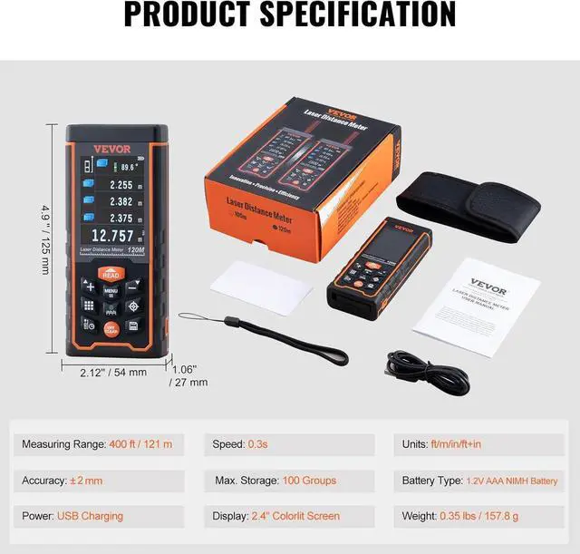 Alt view image 3 of 7 - 400ft Laser Measure, Distance Meter with Camera, Electronic Angle, M/Ft/In Unit Switching, 2.4'' Colorlit Screen, Measure Distance/Area/Volume, Pythagorean Mode  400 Feet -
