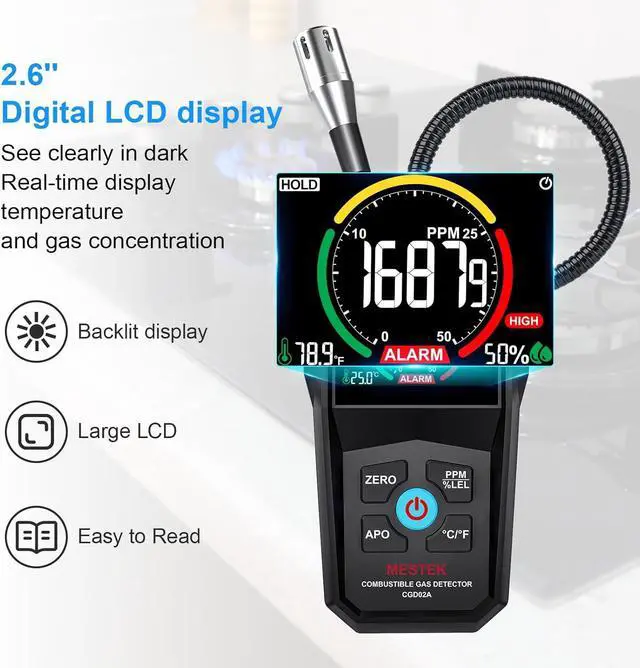 Alt view image 2 of 7 - Gas Leak Detector,  Natural Propane Sniffer Combustible Detector with 50-50000PPM 100% LEL, 2.6'' Color LCD Display,Temperature Measure, 12" Flexible Probe,High Sensitivity Black -