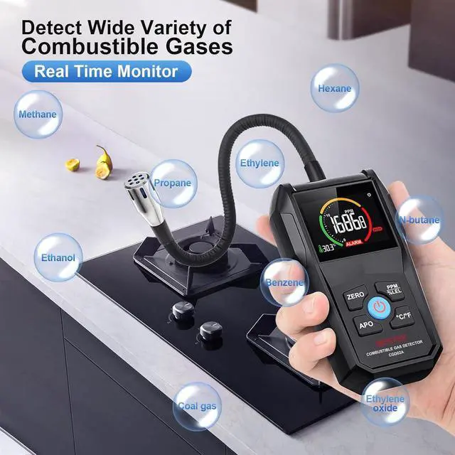 Alt view image 3 of 7 - Gas Leak Detector,  Natural Propane Sniffer Combustible Detector with 50-50000PPM 100% LEL, 2.6'' Color LCD Display,Temperature Measure, 12" Flexible Probe,High Sensitivity Black -