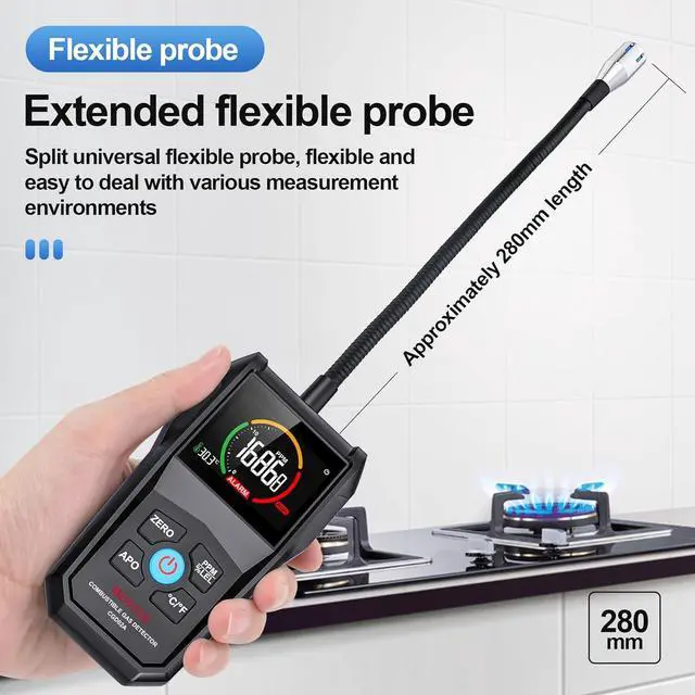 Alt view image 4 of 7 - Gas Leak Detector,  Natural Propane Sniffer Combustible Detector with 50-50000PPM 100% LEL, 2.6'' Color LCD Display,Temperature Measure, 12" Flexible Probe,High Sensitivity Black -