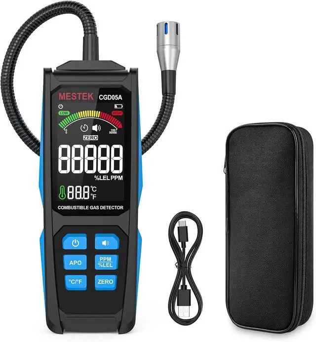 Main image of Natural Gas Leak Detector -  with Audible & Visual Alarm, Rechargeable Sniffer 11.3-inch Gooseneck, Locating Propane, Gas, Combustible for Home and RV Black+Blue