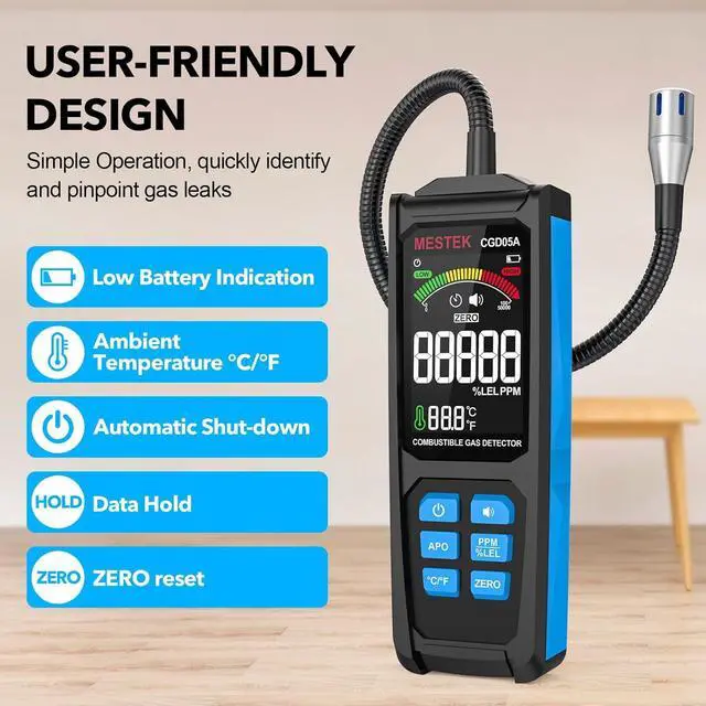 Alt view image 2 of 7 - Natural Gas Leak Detector -  with Audible & Visual Alarm, Rechargeable Sniffer 11.3-inch Gooseneck, Locating Propane, Gas, Combustible for Home and RV Black+Blue