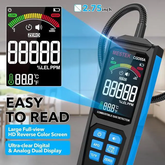 Alt view image 4 of 7 - Natural Gas Leak Detector -  with Audible & Visual Alarm, Rechargeable Sniffer 11.3-inch Gooseneck, Locating Propane, Gas, Combustible for Home and RV Black+Blue