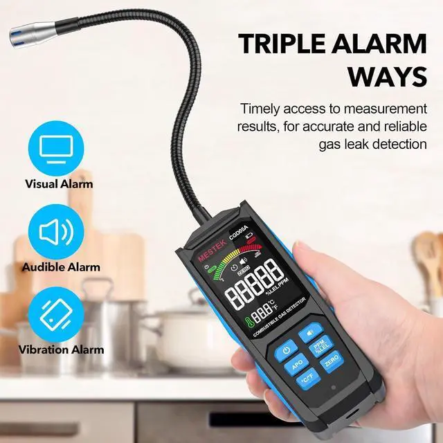 Alt view image 5 of 7 - Natural Gas Leak Detector -  with Audible & Visual Alarm, Rechargeable Sniffer 11.3-inch Gooseneck, Locating Propane, Gas, Combustible for Home and RV Black+Blue