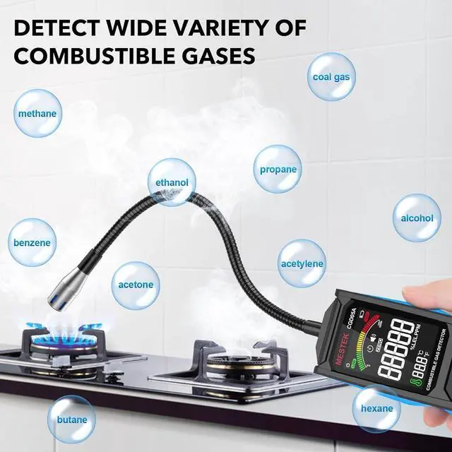 Alt view image 6 of 7 - Natural Gas Leak Detector -  with Audible & Visual Alarm, Rechargeable Sniffer 11.3-inch Gooseneck, Locating Propane, Gas, Combustible for Home and RV Black+Blue