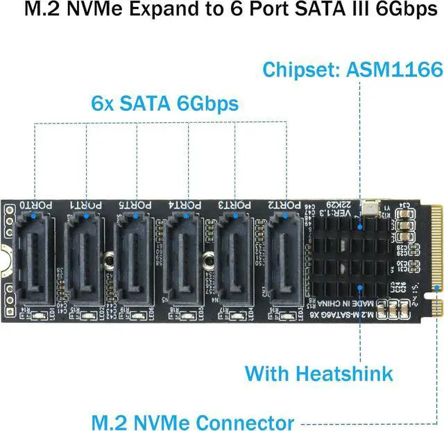 Alt view image 2 of 7 - M.2 to SATA 3.0 Adapter [6-Port],  NVMe 6 Ports III Expansion Card 6Gbps with Chipset ASM1166 -