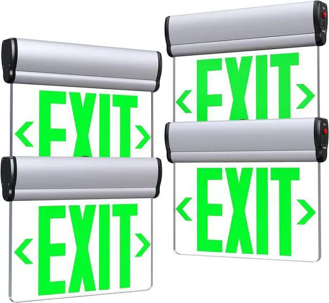 Main image of Led Edge-Lit Exit Sign ,Brushed Aluminum Housing Single-Sided Clear Rotating Acrylic Panel,Hardwired Emergency Signs with Battery Backup, 120V-347VAC,Green Light for Business , UL