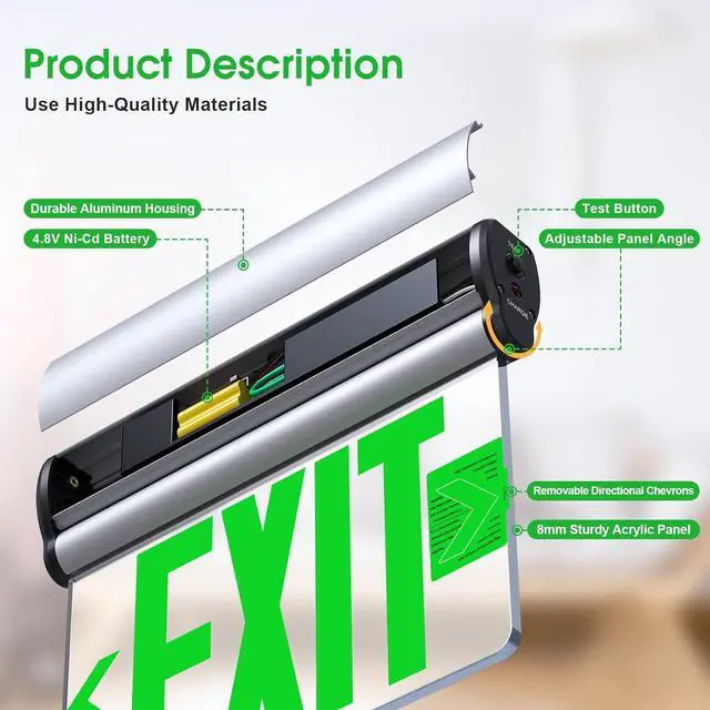 Alt view image 2 of 6 - Led Edge-Lit Exit Sign ,Brushed Aluminum Housing Single-Sided Clear Rotating Acrylic Panel,Hardwired Emergency Signs with Battery Backup, 120V-347VAC,Green Light for Business , UL