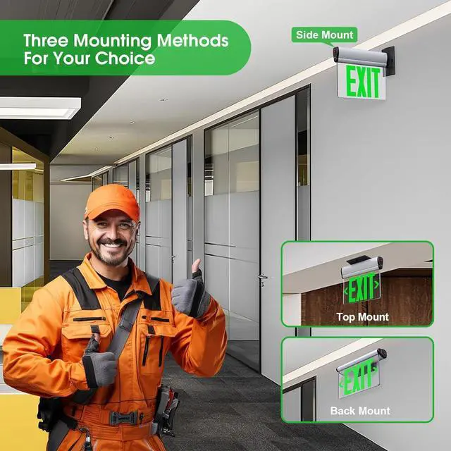 Alt view image 3 of 6 - Led Edge-Lit Exit Sign ,Brushed Aluminum Housing Single-Sided Clear Rotating Acrylic Panel,Hardwired Emergency Signs with Battery Backup, 120V-347VAC,Green Light for Business , UL