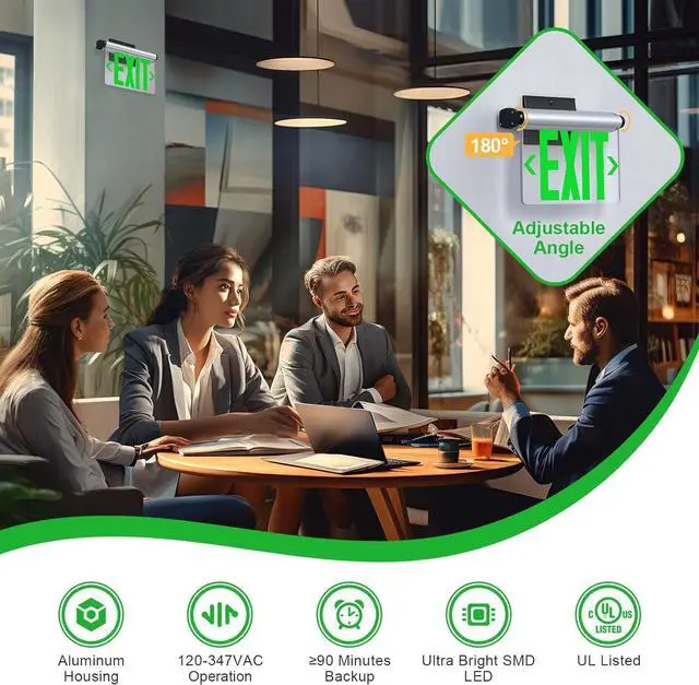 Alt view image 4 of 6 - Led Edge-Lit Exit Sign ,Brushed Aluminum Housing Single-Sided Clear Rotating Acrylic Panel,Hardwired Emergency Signs with Battery Backup, 120V-347VAC,Green Light for Business , UL