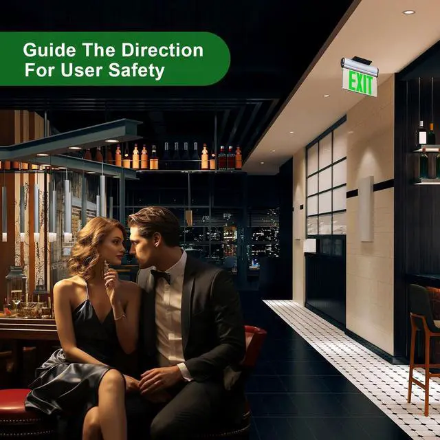 Alt view image 5 of 6 - Led Edge-Lit Exit Sign ,Brushed Aluminum Housing Single-Sided Clear Rotating Acrylic Panel,Hardwired Emergency Signs with Battery Backup, 120V-347VAC,Green Light for Business , UL