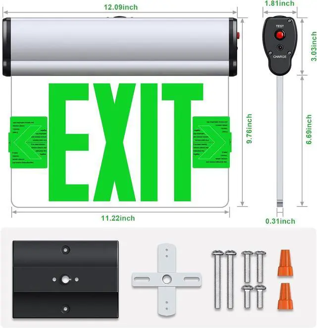 Alt view image 6 of 6 - Led Edge-Lit Exit Sign ,Brushed Aluminum Housing Single-Sided Clear Rotating Acrylic Panel,Hardwired Emergency Signs with Battery Backup, 120V-347VAC,Green Light for Business , UL