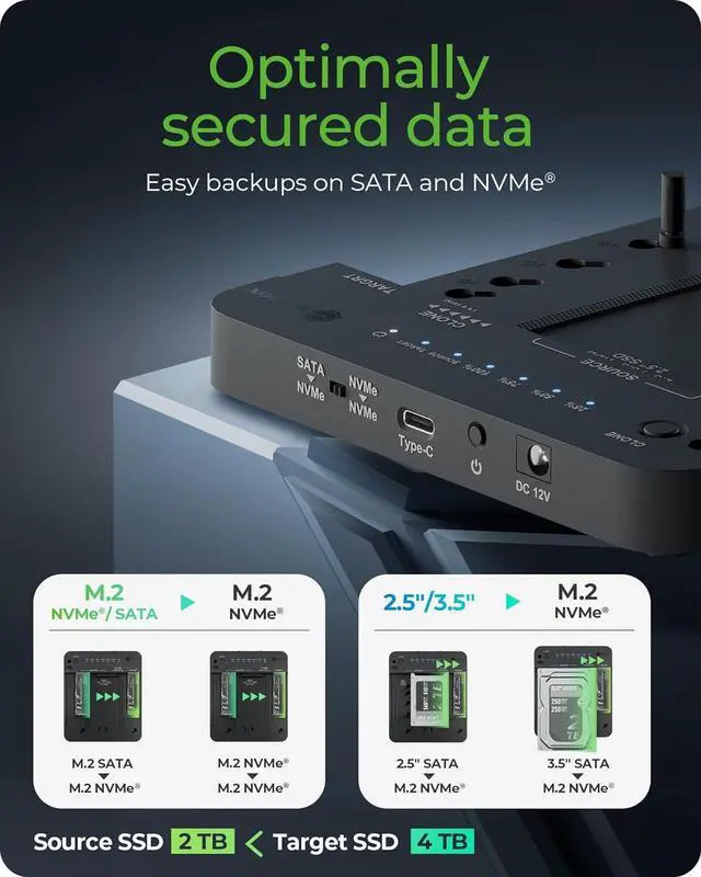 Alt view image 2 of 7 - M.2 NVMe & SATA SSD/HDD Docking Station, USB-C 3.2 Gen 2 (10 Gbps) Hard Drive Clone Station Reader Dual Bay for NVMe/SATA + 2.5/3.5 SSD HDD Converter, Offline Cloning, Tool-Free Black -