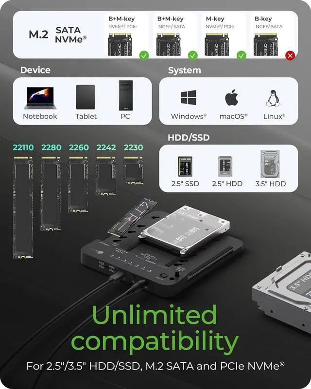 Alt view image 4 of 7 - M.2 NVMe & SATA SSD/HDD Docking Station, USB-C 3.2 Gen 2 (10 Gbps) Hard Drive Clone Station Reader Dual Bay for NVMe/SATA + 2.5/3.5 SSD HDD Converter, Offline Cloning, Tool-Free Black -