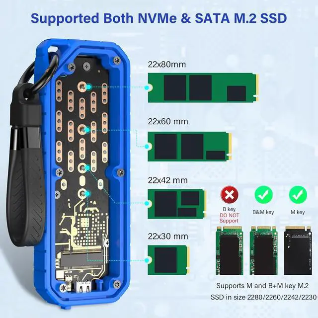 Alt view image 2 of 7 - Zinc Alloy M.2 NVMe & SATA to USB C Enclosure, SSD Reader Adapter for M Key B+M PCIe 3.0 NGFF, Water Dust Resistant Case 2280, 2260, 2242, 2230 SSDs Space grey Blue -
