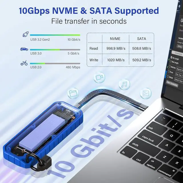 Alt view image 3 of 7 - Zinc Alloy M.2 NVMe & SATA to USB C Enclosure, SSD Reader Adapter for M Key B+M PCIe 3.0 NGFF, Water Dust Resistant Case 2280, 2260, 2242, 2230 SSDs Space grey Blue -