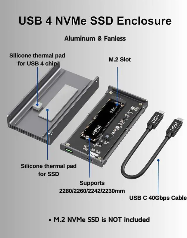 Alt view image 7 of 7 - Noiseless 40Gbps M.2 NVMe Enclosure, USB C Aluminum External SSD Enclosure Compatible Thunderbolt4/3 8TB Adapter, PCIe Gen4 Reader Fits 2280/2260/2242/2230mm M B+M Key Dark Grey -