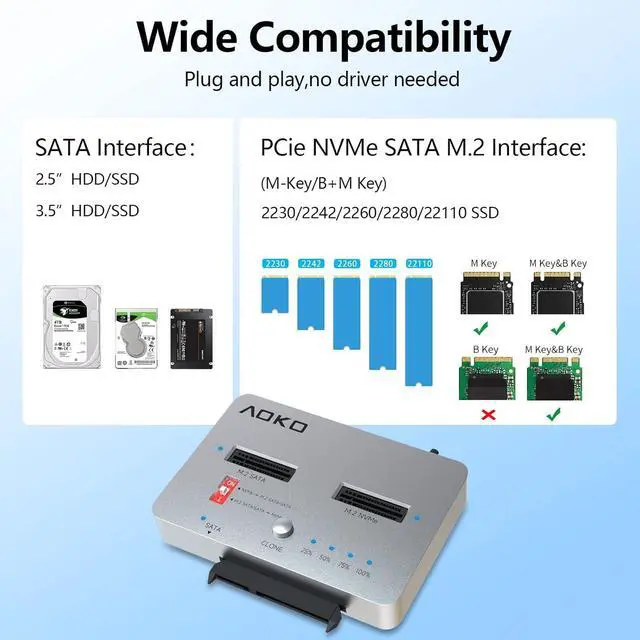 Alt view image 3 of 6 - M.2 Duplicator NVMe to SATA SSD Cloner Docking Staion for PCIe NVMe/M.2 NGFF and 2.5" /3.5" SSD/HDD with Offline Cloning Mutual Clone  HDD