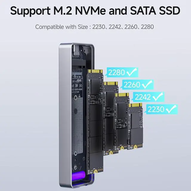 Alt view image 3 of 7 - SSD Enclosure, USB 3.2 Gen 2 (10 Gbps), M.2 NVME/SATA Adapter/Reader, Solid State Drive External Supports M and B+M Keys Size 2230/2242/2260/2280 SSDs, MD86 silver -