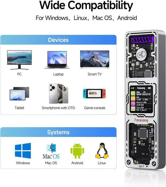 Alt view image 5 of 7 - SSD Enclosure, USB 3.2 Gen 2 (10 Gbps), M.2 NVME/SATA Adapter/Reader, Solid State Drive External Supports M and B+M Keys Size 2230/2242/2260/2280 SSDs, MD86 silver -