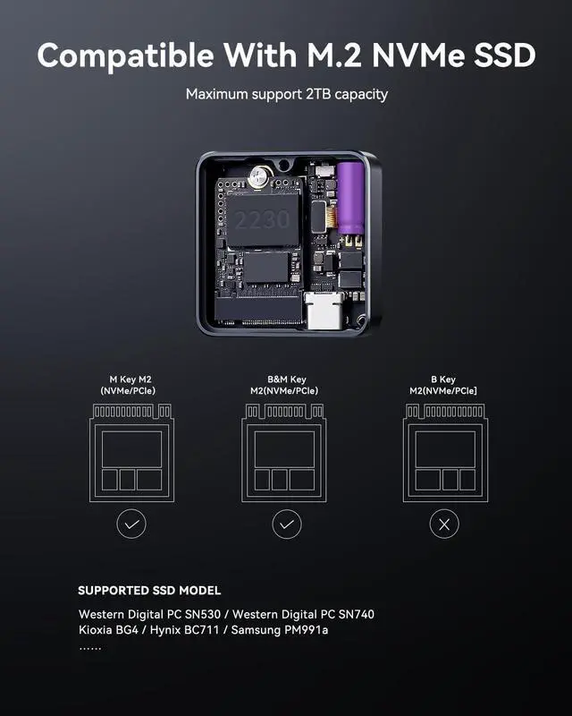 Alt view image 7 of 7 - Pocket M.2 2230 NVMe SSD Enclosure,Support 3s PLP Prevents Write Data Loss,USB 3.2 Gen 2 Type-C (10 Gbps), fits PCIe, Exclusive to Size 2230,Support M-Key B+M Key UASP (Black) Black -