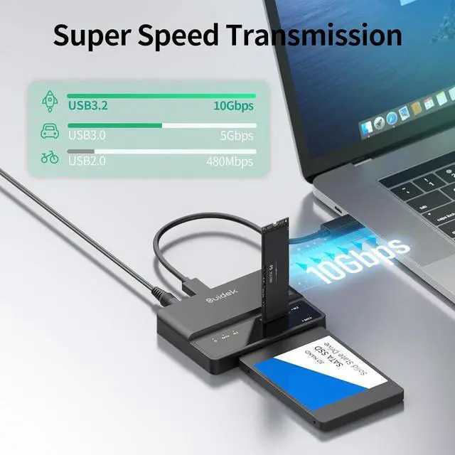 Alt view image 3 of 7 - NVMe SSD Enclosure, 10Gbps USB to M.2 and SATA Adapter Tool Free PCIe External Hard Drive Reader Compatible with M.2(M Key&M+B Key) Any Sizes 2.5"/3.5" SSD/HDD -