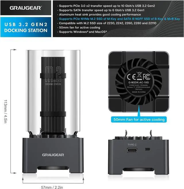 Alt view image 2 of 7 - M.2 NVMe SATA PCIe SSD Enclosure Adapter Docking Station with Cooling Fan, USB3.2 Gen2 10Gbps External Case USB C, Support UASP and Trim, M2 NGFF M Key B+M Key, RTL9210B Chipset Black -