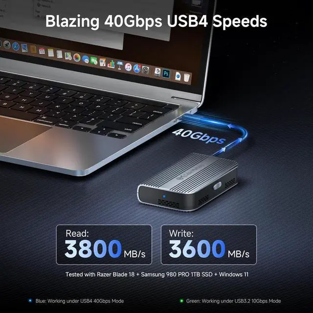 Alt view image 3 of 7 - 40Gbps Portable USB4 / Thunderbolt 4 SSD Enclosure for M.2 NVMe - Up to Read:3800MB/s, Write:3600MB/s, Enclosure, Tool-Free, Intelligent Cooling, 4/5 Compatible silver