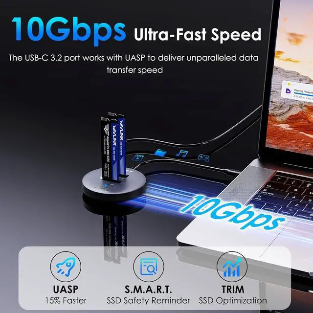 Alt view image 4 of 7 - M.2 NVMe SSD Cloner Dock, 10Gbps Dual-Bay to USB-C/A Enclosure, Supports Offline Clone, UASP, Design for M-Key or M+B Key SSDs in Size 2230/2242/2260/2280/22110, Not Include -