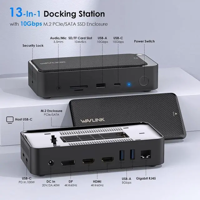 Alt view image 2 of 6 - Laptop Docking Station 3 Monitors, 13 in 1 USB Hub with 10Gbps M.2 PCIe/SATA SSD Enclosure, Expands MacBook/Mac mini (M4/M3/M2/M1), 4K@60Hz HDMI/DP, 100W PD, C/USB A, SD/TF, Gigabit RJ45 Black -