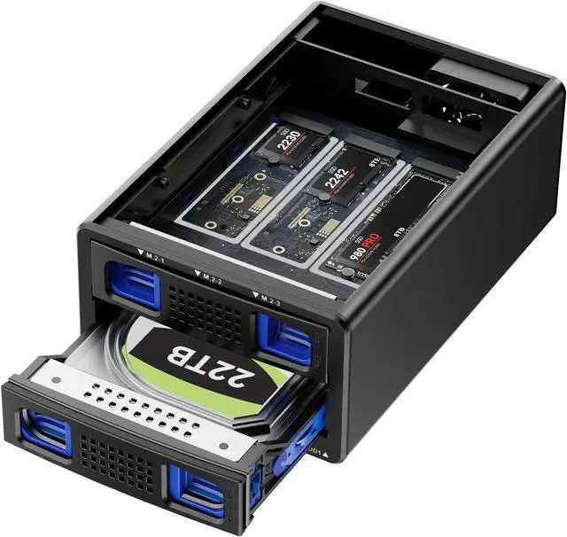 Main image of Hybrid 2.5/3.5" SATA HDD/SSD+3* M / B+M Key M.2 NVMe Enclosure with Cooling Fan and USB A/C 3.2 Gen 2 (10Gbps), Hard Drive Support 46TB(22TB HDD+3*8TB 2230/2242/2260/2280/22110 SSDs) Black -