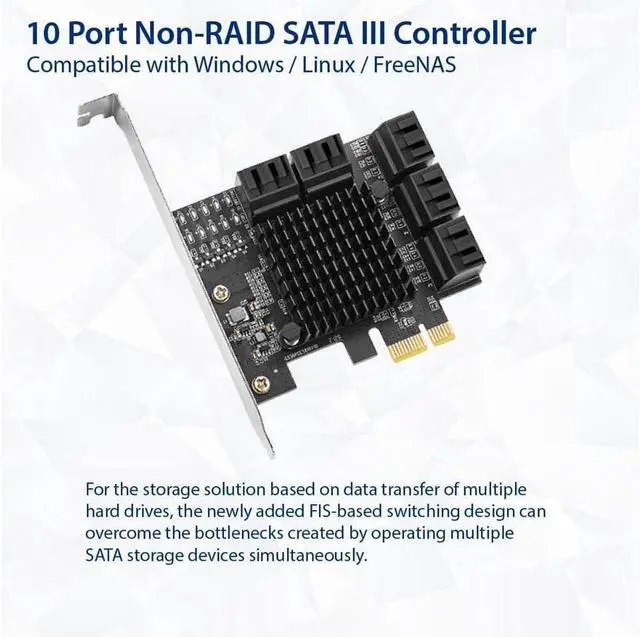 Alt view image 2 of 5 - 10 Port SATA III to PCIe 3.0 x1 Non-RAID Expansion Card JMB582 Low Profile Bracket, (SY-PEX40167) -