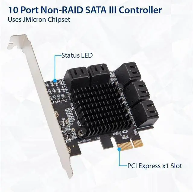Alt view image 5 of 5 - 10 Port SATA III to PCIe 3.0 x1 Non-RAID Expansion Card JMB582 Low Profile Bracket, (SY-PEX40167) -
