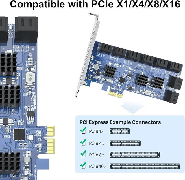 Alt view image 2 of 4 - 16 Port PCIe SATA 3.0 Expansion Card, 6Gbps X1 Controller Card with Cables, Support SSD/HDD Drives for Windows 10/8/7/Linux -  16-Port, PCI-e
