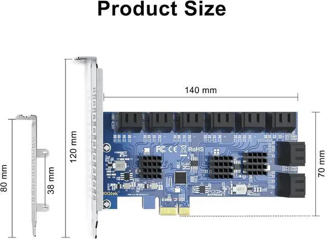 Alt view image 3 of 4 - 16 Port PCIe SATA 3.0 Expansion Card, 6Gbps X1 Controller Card with Cables, Support SSD/HDD Drives for Windows 10/8/7/Linux -  16-Port, PCI-e