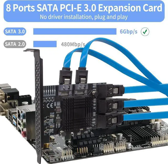 Alt view image 2 of 7 - PCIe 8-Port SATA Controller Card (6 Gbps, Compatible with Windows, MAC, Linux) 8 Cables and Low Profile Bracket  PCIE port -