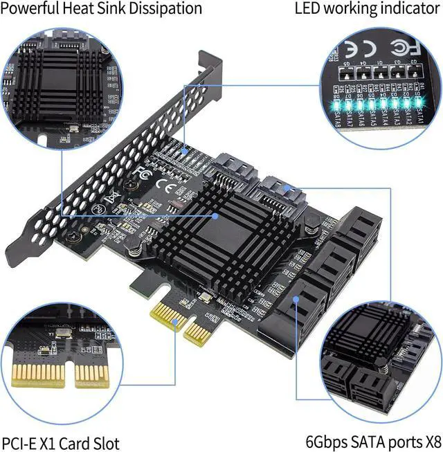 Alt view image 6 of 7 - PCIe 8-Port SATA Controller Card (6 Gbps, Compatible with Windows, MAC, Linux) 8 Cables and Low Profile Bracket  PCIE port -