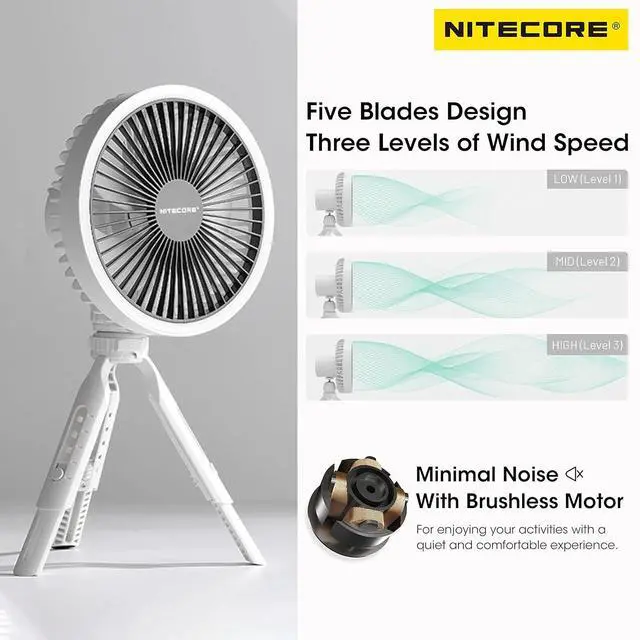 Alt view image 2 of 7 - Nitecore NEF10 Multifunctional Portable Electric Fan with LED Ring Light, Flexible Ball Head Tripod, Brushless Motor 10000mAh Battery(Grey)