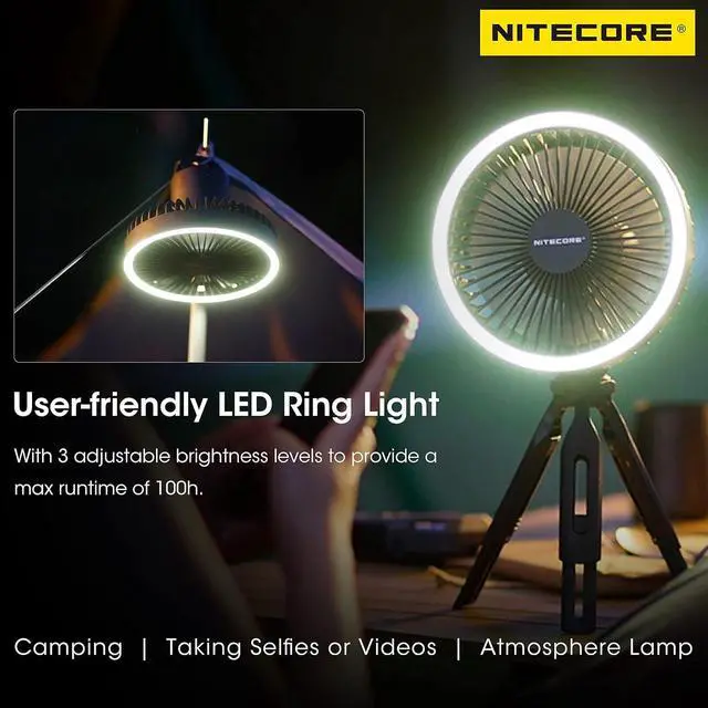 Alt view image 5 of 7 - Nitecore NEF10 Multifunctional Portable Electric Fan with LED Ring Light, Flexible Ball Head Tripod, Brushless Motor 10000mAh Battery(Grey)