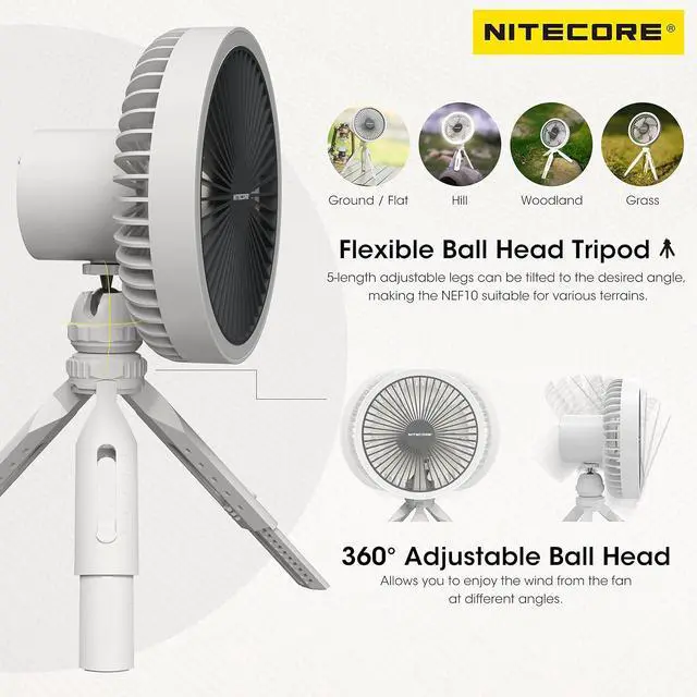 Alt view image 4 of 7 - Nitecore NEF10 Multifunctional Portable Electric Fan with LED Ring Light, Flexible Ball Head Tripod, Brushless Motor 10000mAh Battery(Grey)