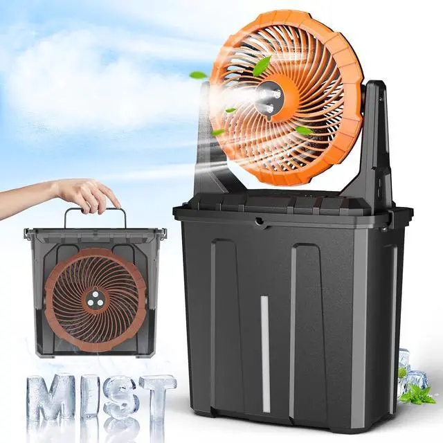 Main image of 9L Bucket Portable Misting Fan for Outdoors Patios, 20000mAh Rechargeable Battery Operated Camping Fan, 3 Strong Winds, Large Spray Outlets, Fishing/Travel/Garden Party/Golf/Tent/Office  Orange